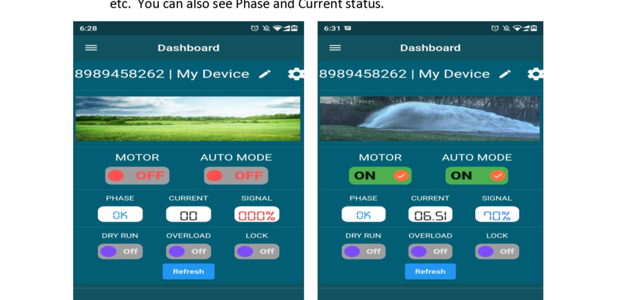 DD Zone app dashboard — motor status