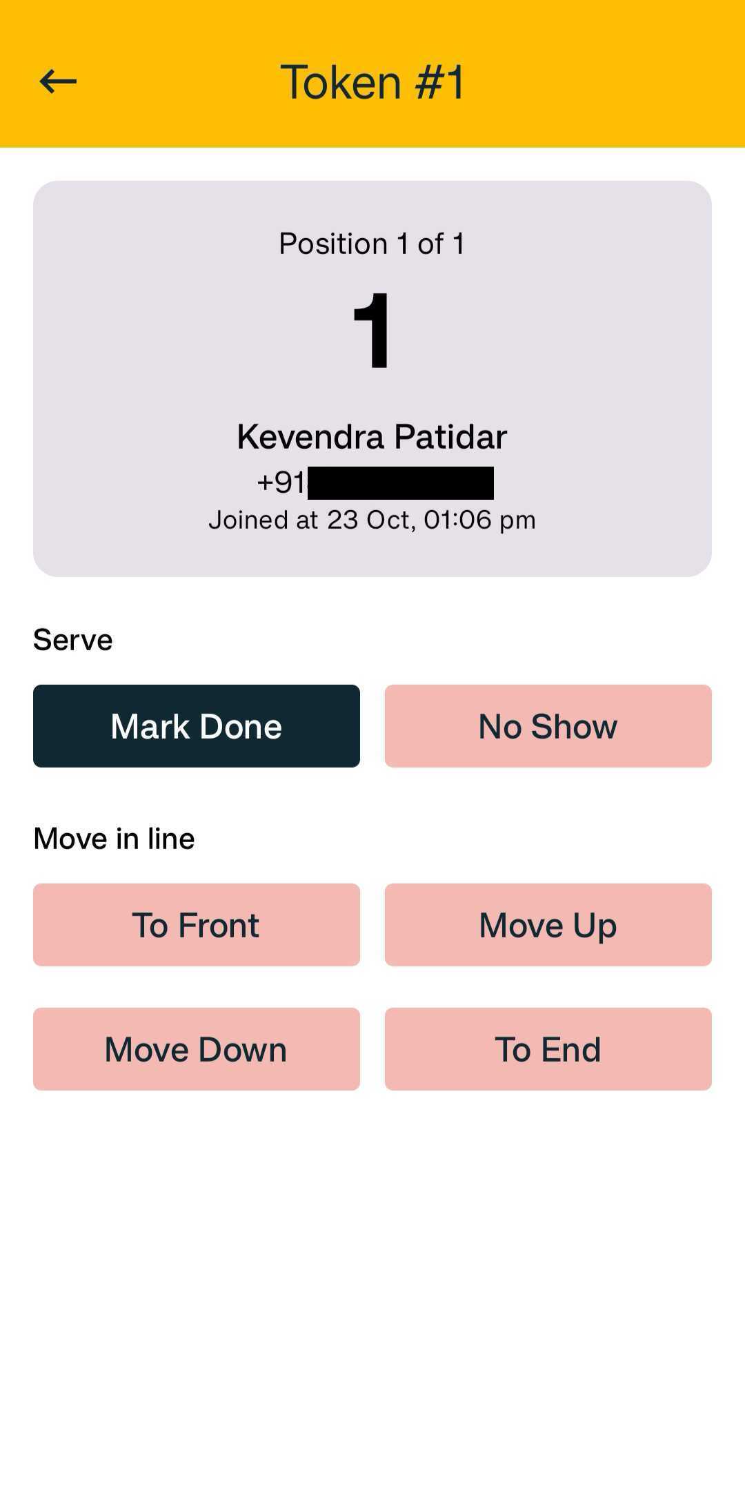 DD Zone app Today’s Line screen for Token 1 with Mark Done, No Show and move-in-line buttons