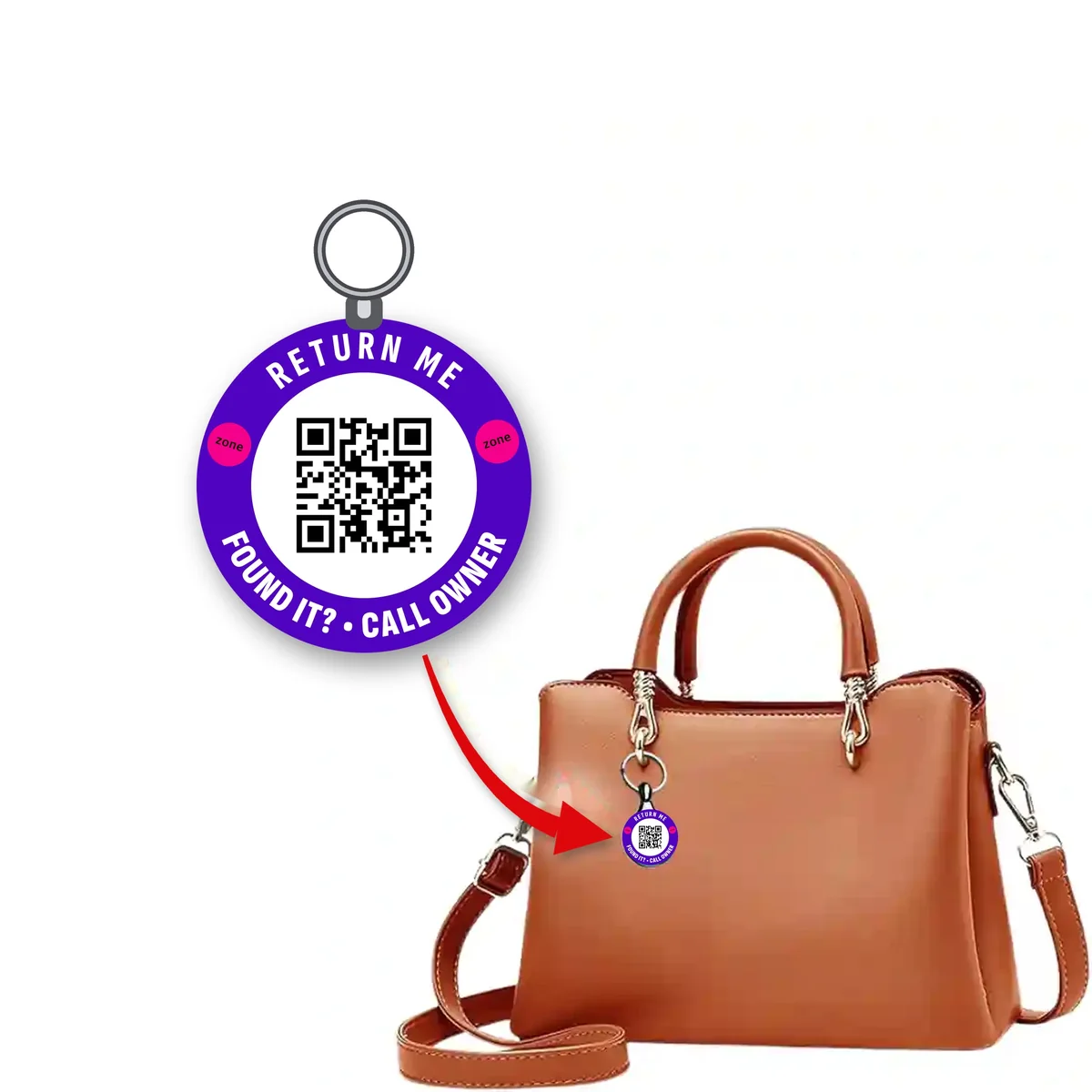 Lost & Found QR keychain hanging from a leather handbag